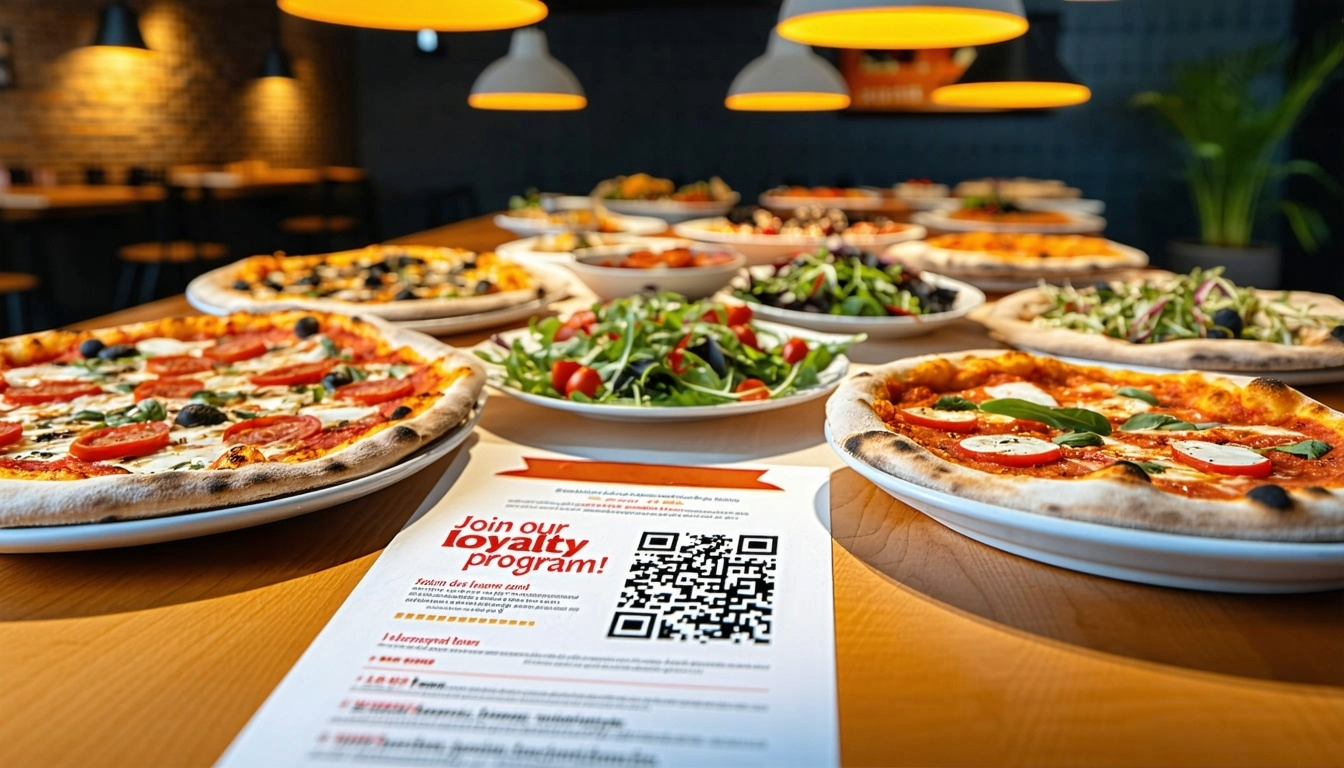 A pizza restaurant with a menu featuring a QR code to join theirloyalty program 