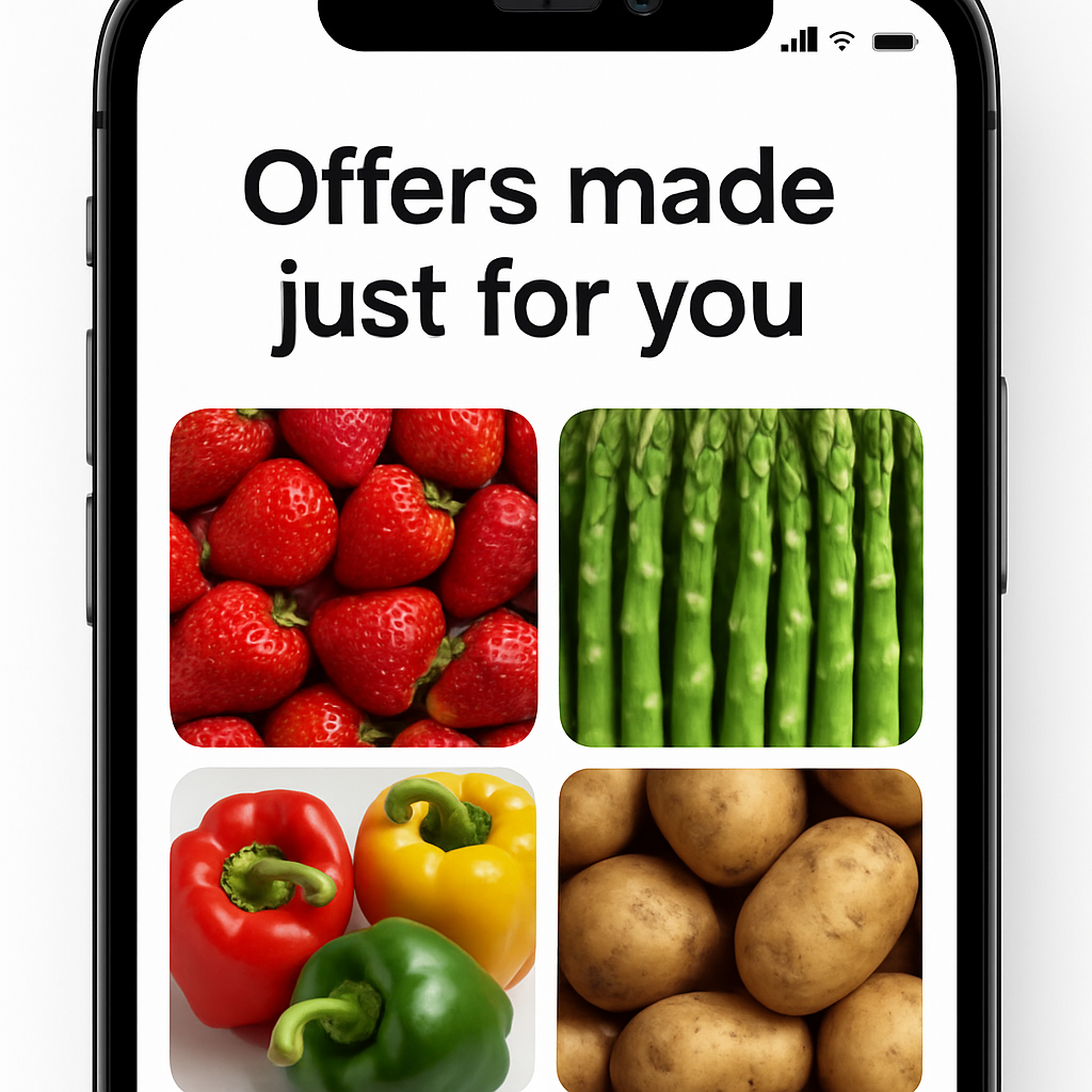 In app that shows Offers made just for you and has a few photos below of different types of produce