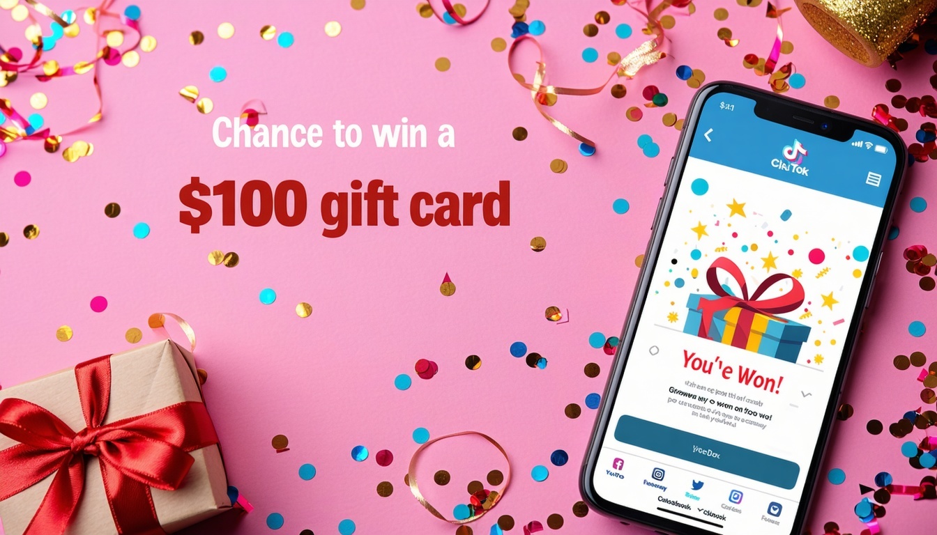 Text says Chance to win a 100 gift card Create a vibrant and eyecatching social media graphic for a contest giveaway The design should include festive
