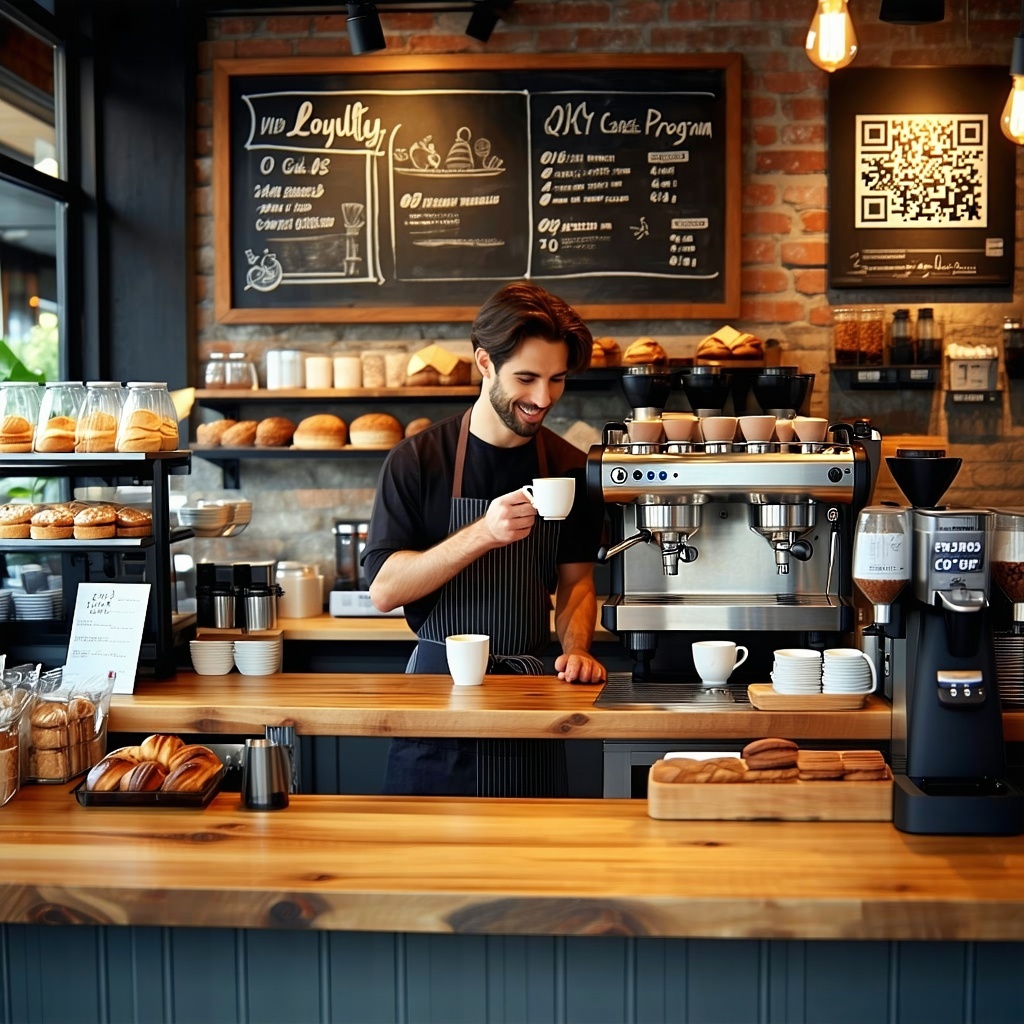 The image depicts a cozy inviting caf filled with warm ambient lighting In the foreground a friendly barista stands behind a wooden counter engaging with a customer while holding a steaming cup of coffee The caf has a rustic charm with exposed brick-2
