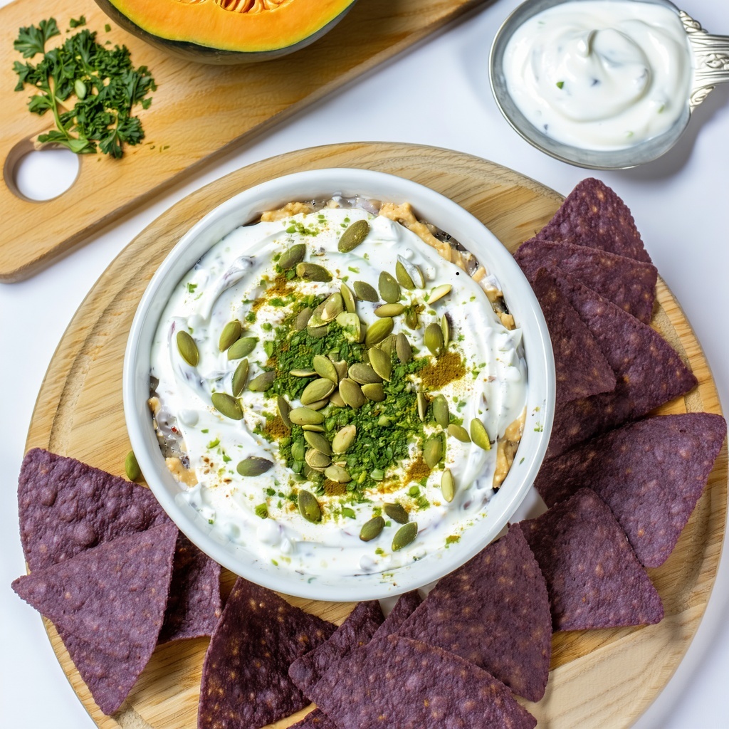 The image shows a colorful and appetizing dish consisting of a variety of ingredients There is a bowl of food in the center topped with a creamy white sauce and sprinkled with green pumpkin seeds To the right of the bowl there are purple tortilla chi-3