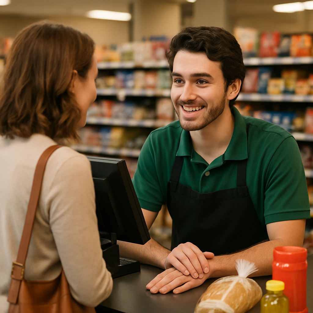 cashier at store talking to customer