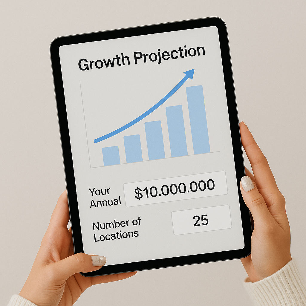 Woman holding a tablet showing review growth based on sales and locations.